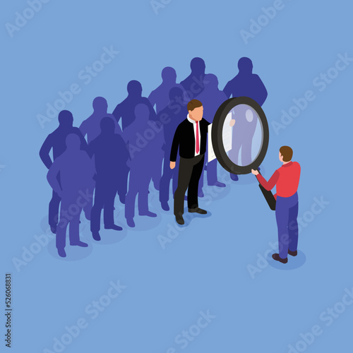 Recruitment searching the best candidate isometric 3d vector illustration concept for banner, website, illustration, landing page, flyer, etc.