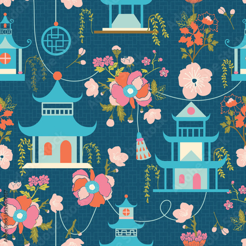 Chinese Pagodas Landscape Vector Seamless Pattern