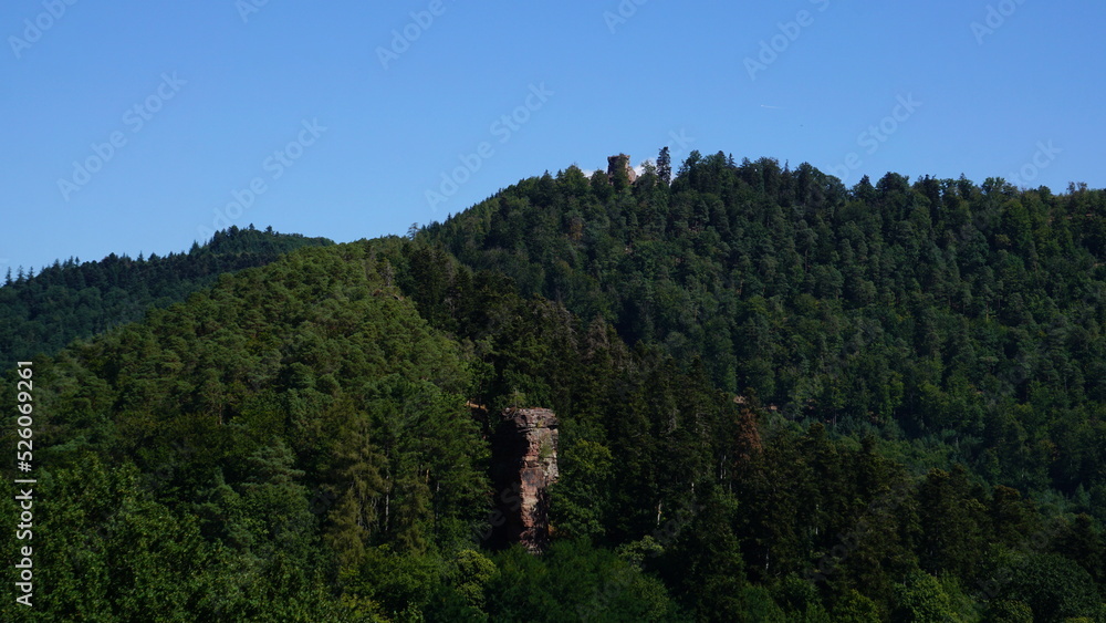 the view from the castle of Fleckenstein in the beautiful Northern Vosges in the region Alsace in France in the month of August