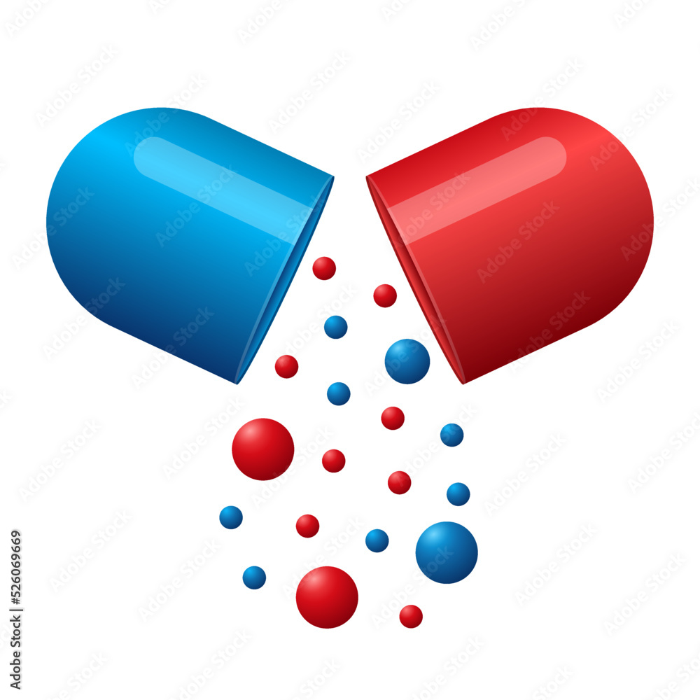 Opened red and blue pill capsule on white background Opened red and blue pill capsule on white background