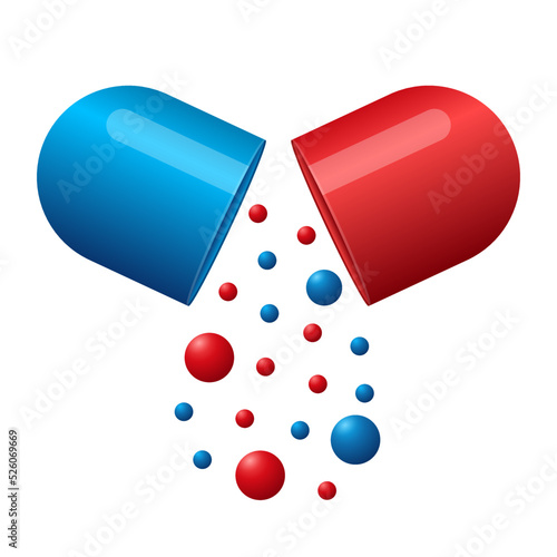Opened red and blue pill capsule on white background