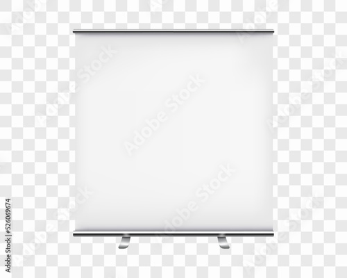 Blank roll up banner. 3d template for your design. For promotional presentation. Realistic vector illustration isolated on white background.