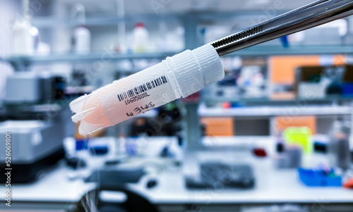 A cryovial containing frozen human cancer cells preserved in liquid nitrogen for research purposes.  