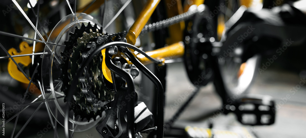 Fototapeta premium bicycle maintenance and repair. mechanic working in bike service workshop. gear closeup. banner with copy space