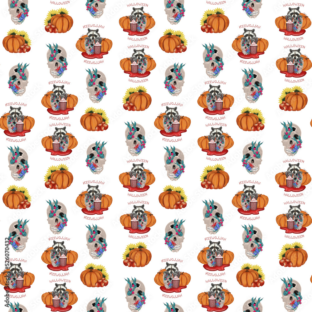 Fototapeta premium Halloween Raccoon with skull and pumpkins in the blood puddle. Seamlles pattern.