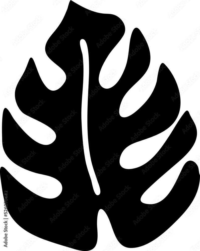Fototapeta premium Monstera leaf simple black silhouette. Tropical exotic plants, summer vacation holiday theme vector illustration decorative element. Minimalism style logo or background monochrome design.