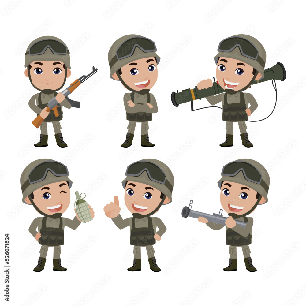Set of army soldiers man in uniform with difference action Set of army soldiers man in uniform with difference action