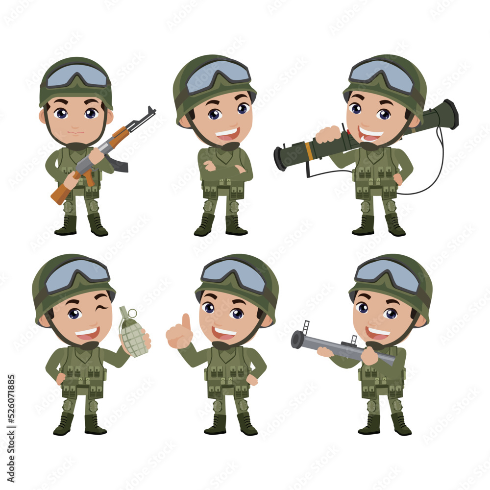 Naklejka premium Set of army soldiers man in uniform with difference action