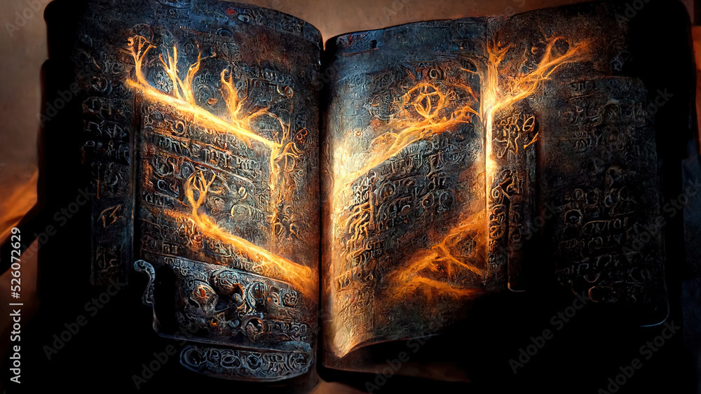 Runes, stone, cuneiform, Celtic patterns, magic books. Artifacts. Ai ...