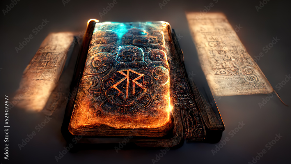 Fototapeta premium Runes, stone, cuneiform, Celtic patterns, magic books. Artifacts. Ai.