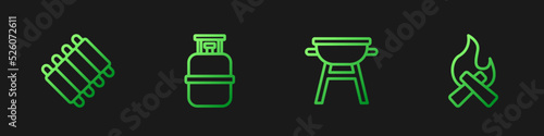 Set line Barbecue grill, Grilled pork bbq ribs, Propane gas tank and Campfire. Gradient color icons. Vector