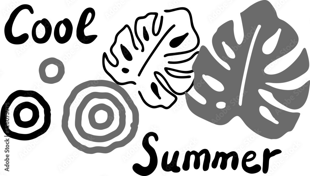 Tropical monstera leaves decorative poster print composition, wallpaper, postcard, logo design to beauty spa salon. Summer holiday, botanical, travel theme. Monochrome silhouette vector illustration.