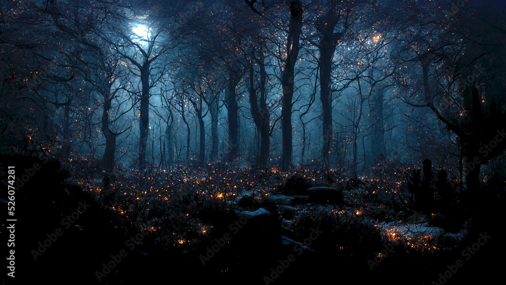 Dark woods halloween background forest at night with blue moonlight shining through the trees and tiny amber fireflies. - obrazy, fototapety, plakaty 