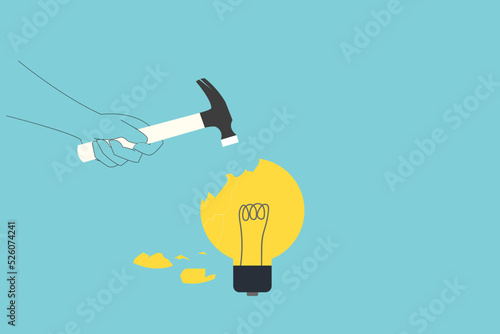 Hammer hits the lightbulb. Symbol of creative idea, brainstorming. eps10 illustration