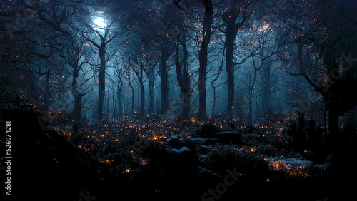 Dark woods halloween background forest at night with blue moonlight shining through the trees and tiny amber fireflies.