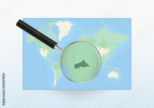 Map of the World with a magnifying glass aimed at Central African Republic, searching Central African Republic with loupe.