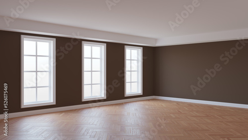 Beautiful Brown Interior Corner with Glossy Herringbone Parquet Floor, Three Large Windows and a White Plinth. Empty Room Concept. 3d illustration, 8K Ultra HD, 7680x4320, 300 dpi