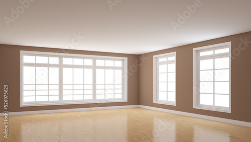 Brown Interior of the Empty Room with Three Windows  Light Glossy Parquet Floor and a White Plinth. Perspective View. 3D Illustration with a Work Path on the Windows. 8K Ultra HD  7680x4320  300 dpi