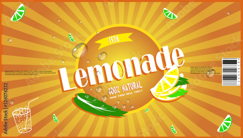 label for bottles with carbonated drinks, lemonades, in yellow and orange with lemon and orange slices. Made in a recognizable style