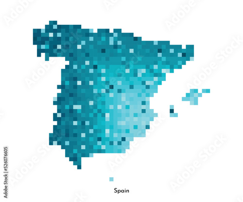 Vector isolated geometric illustration with simplified icy blue silhouette of Spain map. Pixel art style for NFT template. Dotted spanish logo with gradient texture for design on white background