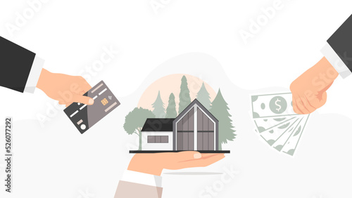 The concept of buying a house, a home, an investment in real estate. Businessmen pay with paper money, debit card, credit card. Vector