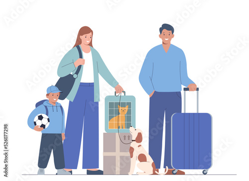 Family goes on vacation. Mother, father, child, cat and dog travel together. Concept of traveling with pets. 