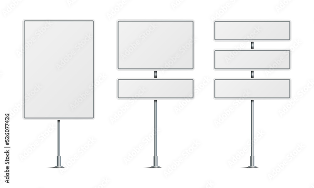 Vector illustration of blank road signs isolated on white background. Set of traffic signs with place for text. Collection of realistic white traffic control signs on metal poles. Vector illustration of blank road signs isolated on white background. Set of traffic signs with place for text. Collection of realistic white traffic control signs on metal poles.