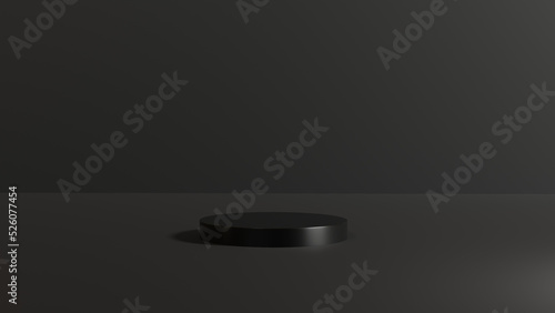 3D render of Cylinder podium with Black color on dark background.platform for product presentation minimal style. empty dark. Black pedestal for product showcase.