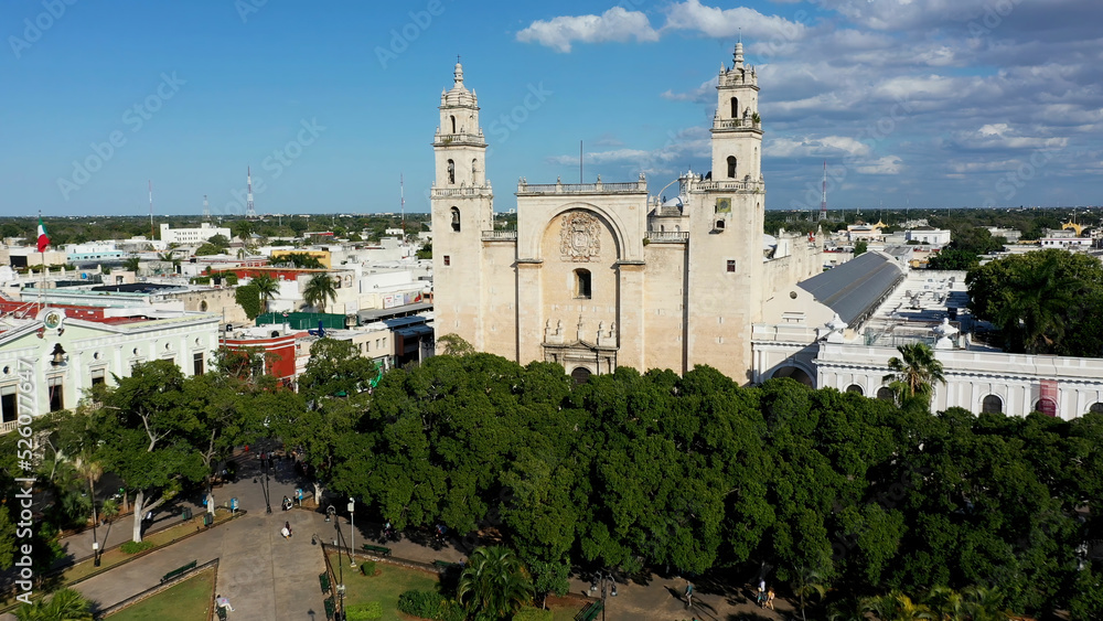 Aerial view from the zocalo, plaza grande to the cathedral san ildefonso bell towers in Merida, Yucatan, Mexico.