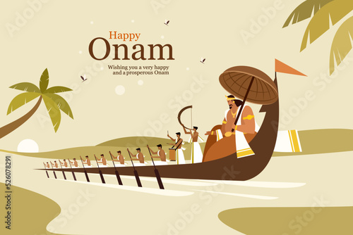 Illustration of King Mahabali and rowers in a snake boat celebrating Onam . Onam is a harvest festival in Kerala, India