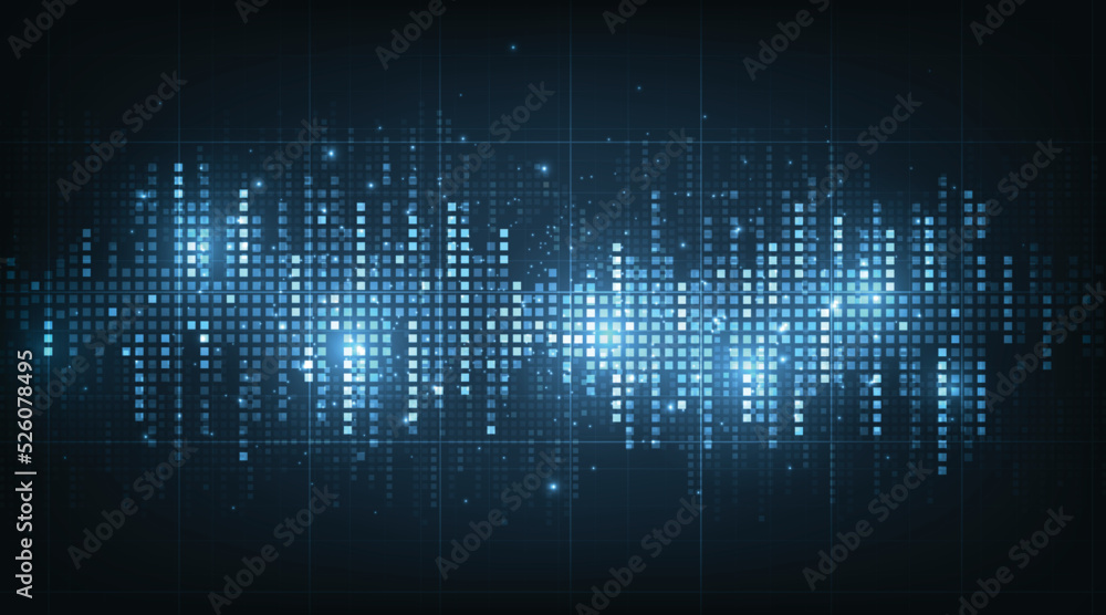 Abstract digital Music equalizer on dark blue background.Waveform pattern for music player, podcast, voice message, music app. Vector illustration.