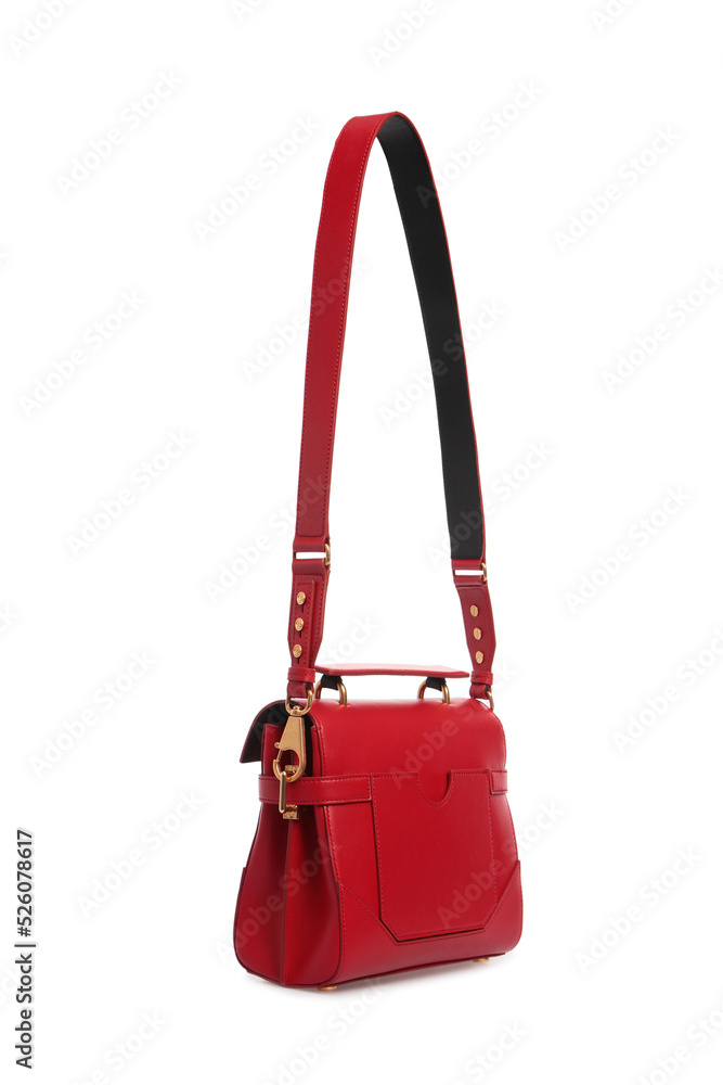 Poster Print Women Red Leather shoulder bag with long strap Isolated on White Background 26.7x40 cm