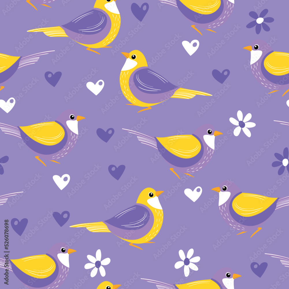 Seamless pattern with funny colorful birds, flowers, leaves and berries. Color flat vector illustration with little cartoon bird. Cute characters. Design for invitation, poster, card, textile, fabric