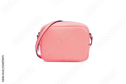 Blank Peach beige color leather vanity cosmetic case for lady women handbag Isolated on White Background in front