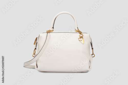 Blank Women's White Leather Handbag Isolated on White Background. Business classic female briefcase, satchel bag with handle. Template, mock up photo