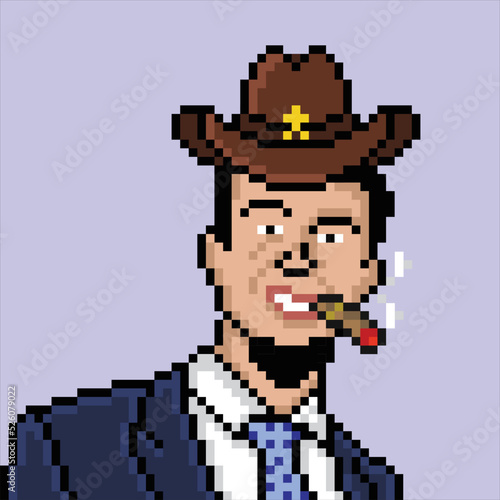 smoking male character wearing a cowboy hat in pixel art style
