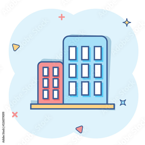 Vector cartoon building in comic style. House sign illustration pictogram. Building business splash effect concept.