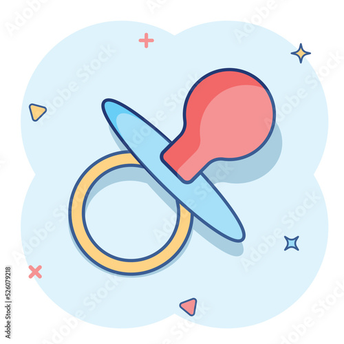 Vector cartoon baby pacifier icon in comic style. Child toy nipple sign illustration pictogram. Pacifier business splash effect concept.