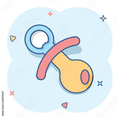 Vector cartoon baby pacifier icon in comic style. Child toy nipple sign illustration pictogram. Pacifier business splash effect concept.