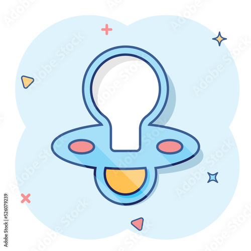 Vector cartoon baby pacifier icon in comic style. Child toy nipple sign illustration pictogram. Pacifier business splash effect concept.