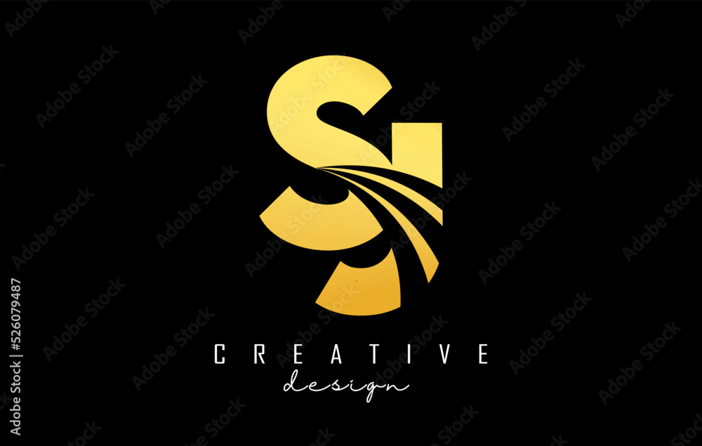 Golden letter SJ s j logo with leading lines and road concept design ...