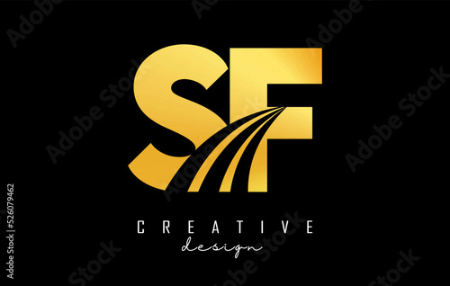 Golden letter SF s f logo with leading lines and road concept design. Letters with geometric design. Vector Illustration with letter and creative cuts.
