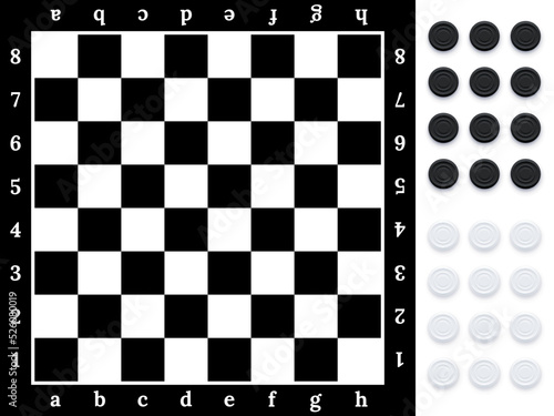 Checker board, top view vector illustration. 3d realistic layers with black and white round chips, wooden table with checkerboard pattern to play competition game with family or friends.