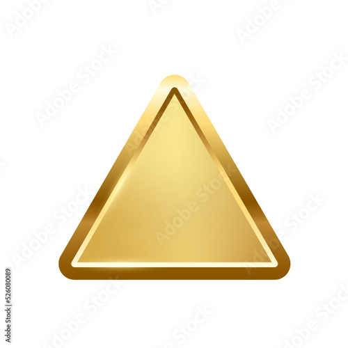 Gold triangle button with frame vector illustration. 3d golden glossy elegant design for empty emblem, medal or badge, shiny and gradient light effect on plate isolated on white background