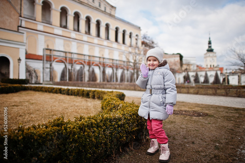 Girl at historical Mikulov Castle, Moravia, Czech Republic. Old European town.