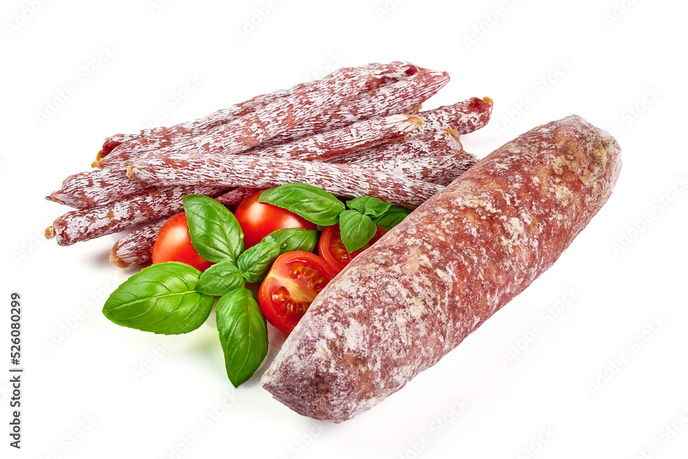 Italian salami with mold, isolated on white background.