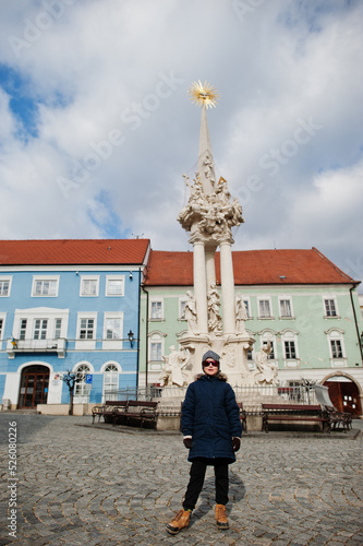 Boy at historical Mikulov, Moravia, Czech Republic. Old European town.