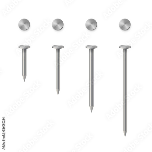 3d metal nails set, isolated iron hardware collection of pin nails of different lengths