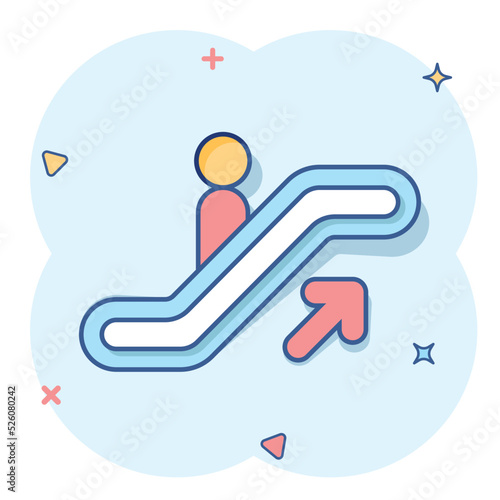 Vector cartoon escalator elevator icon in comic style. Escalator sign illustration pictogram. Elevator business splash effect concept.