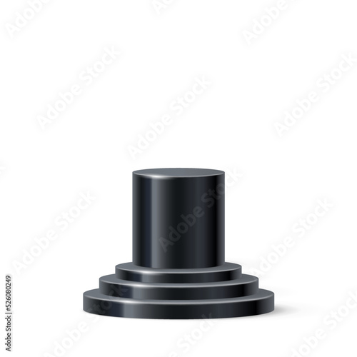 3d cylinder podium, realistic black stand with circle base platform, display mockup